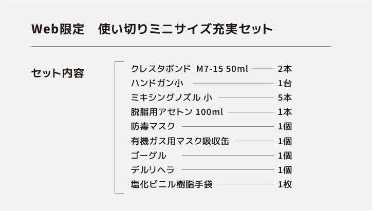 Web限定セット内容：クレスタボンド M7-15 50mm  2本、ハンドガン小  1台、ミキシングノズル 小  5本、脱脂用アセトン 100mm  2本、防毒マスク  1個、有機ガス用マスク吸収缶  1個、ゴーグル  1個、デルリヘラ  1個、塩化ビニル樹脂手袋  1枚